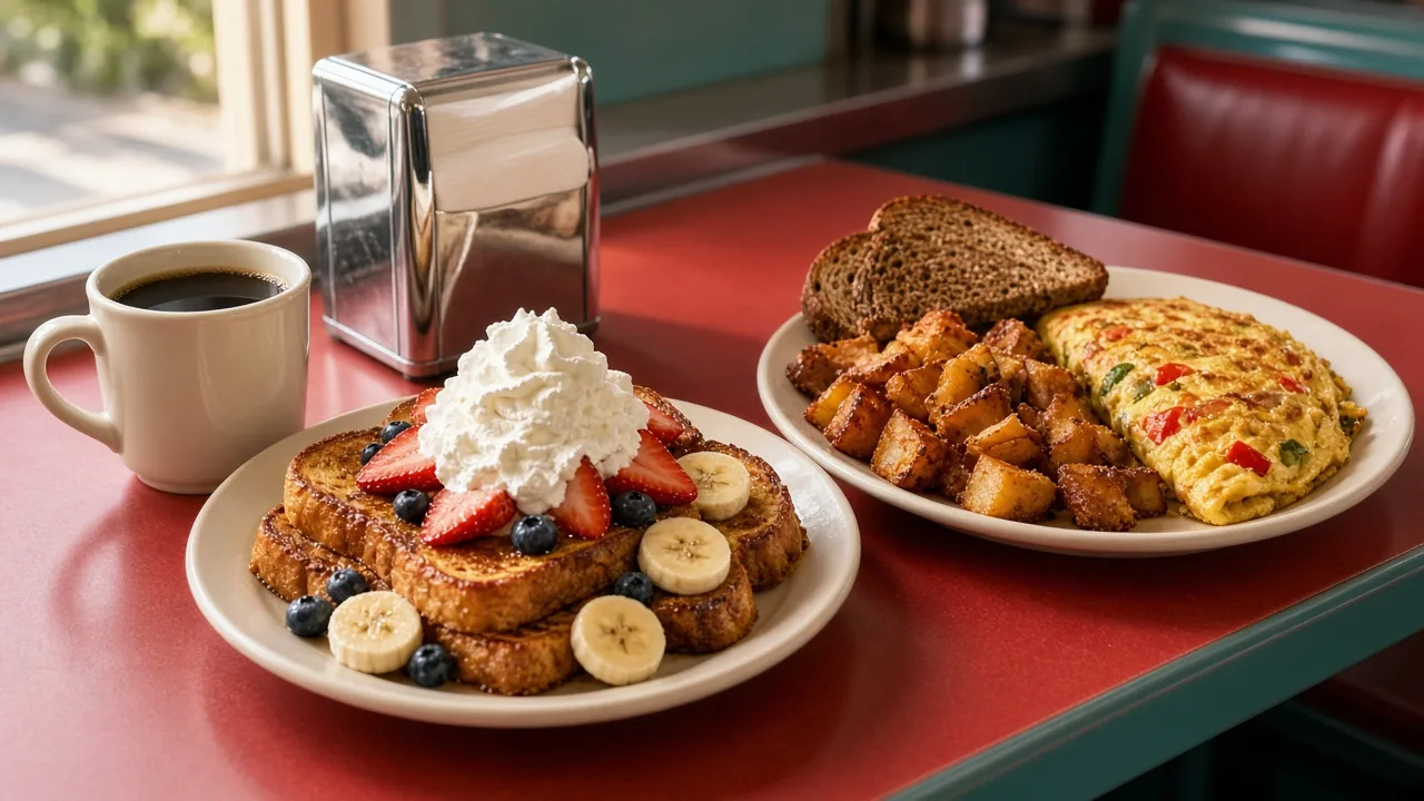 Diner breakfast on a red counter: French toast with strawberries, blueberries, banana and whipped cream, plus an omelet with home fries, rye toast and a mug of coffee